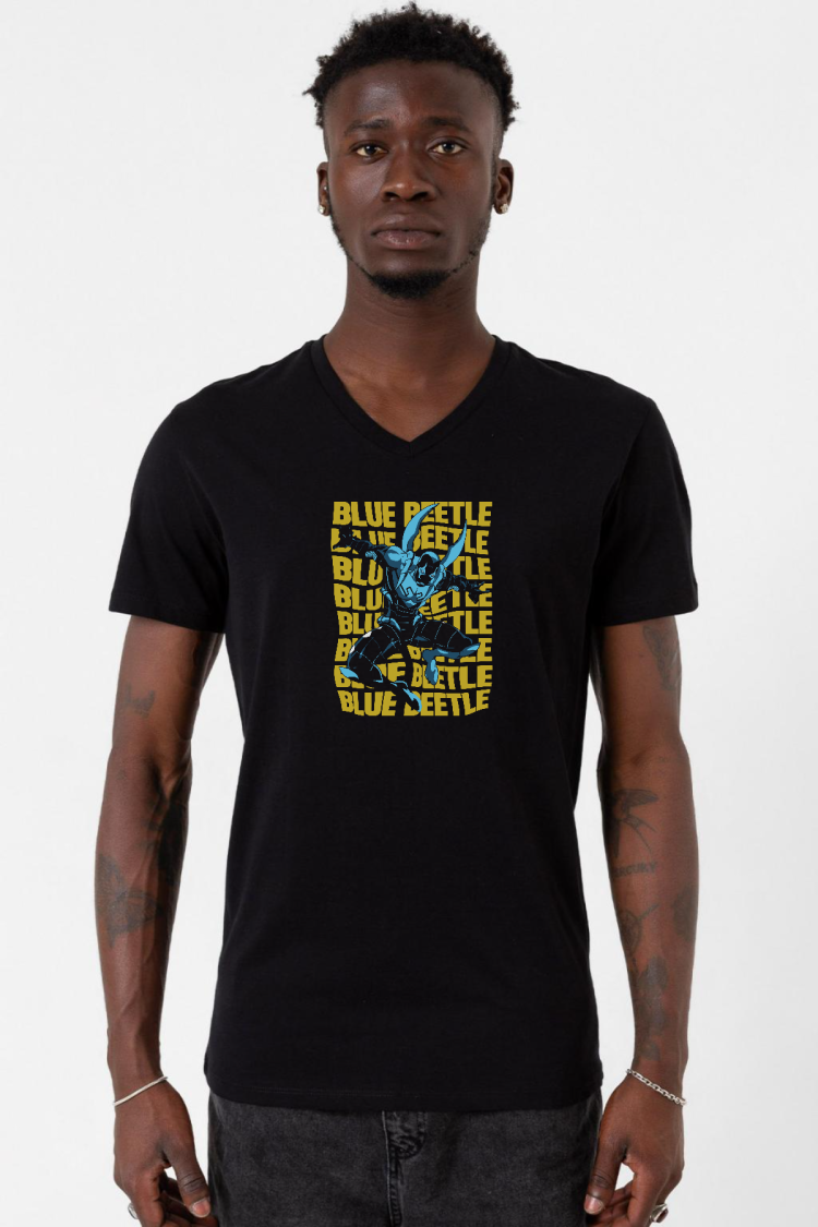 Blue Beetle Lettern Siyah Erkek V yaka Tshirt