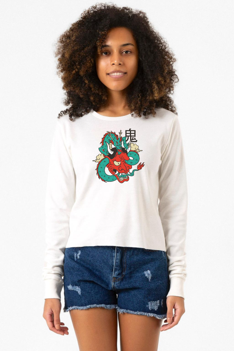 Dragon Samurai Anime Ekstra Uzunkol Sweatshirt Ekru