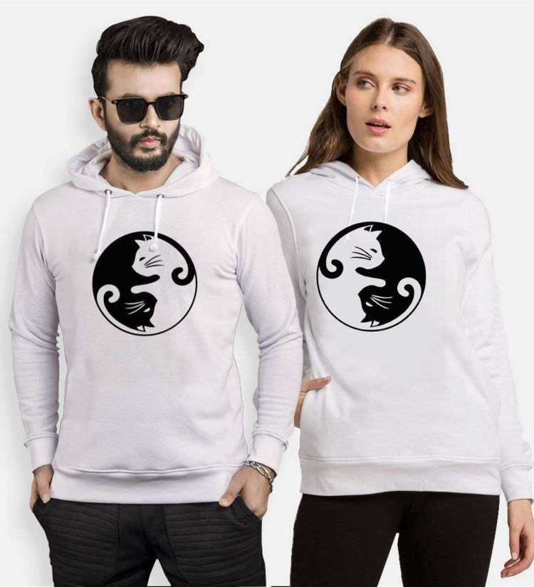 Tshirthane Cat Yingyang  Sevgili Kombinleri Kapüşonlu Çift Kombini