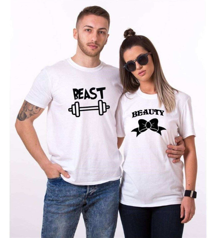 Tshirthane Beast Beauty Dumbell Öpücük Sevgili Kombinleri Tshirt Çift Kombini