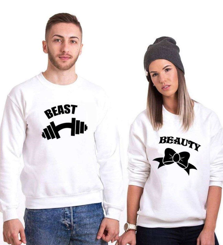 Tshirthane Beast Beauty Dumbell Kurdele  Sevgili Kombinleri Sweatshirt Çift Kombini