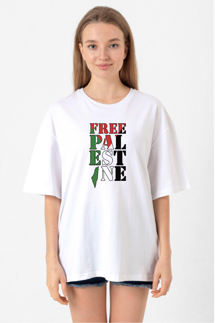 Free Palestine Beyaz Kadın Oversize Tshirt