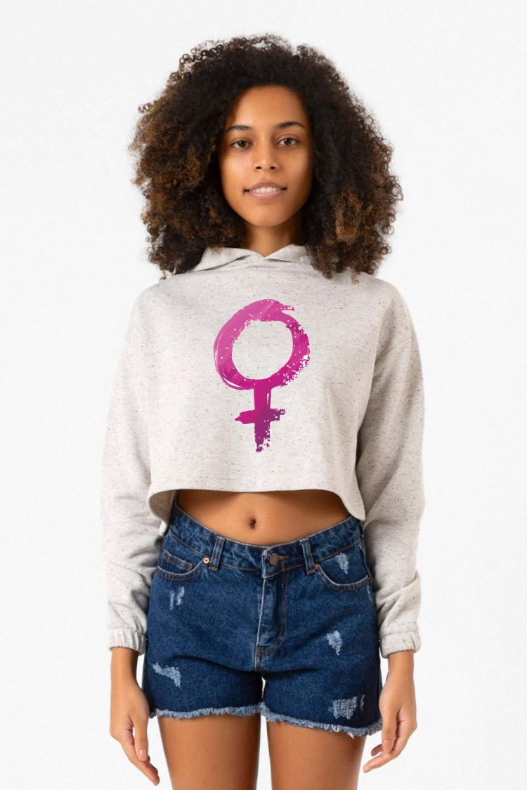 Purple Venus Symbol Beyaz Kırçıllı Kadın Crop Kapşonlu