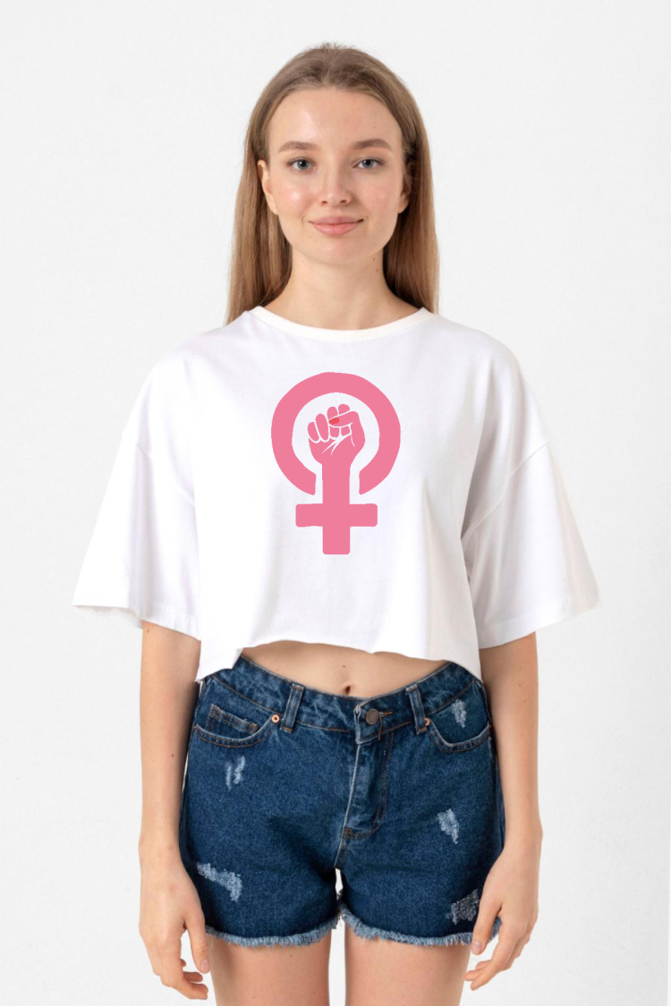 Pink Venus Symbol Hand Beyaz Kadın Crop Tshirt