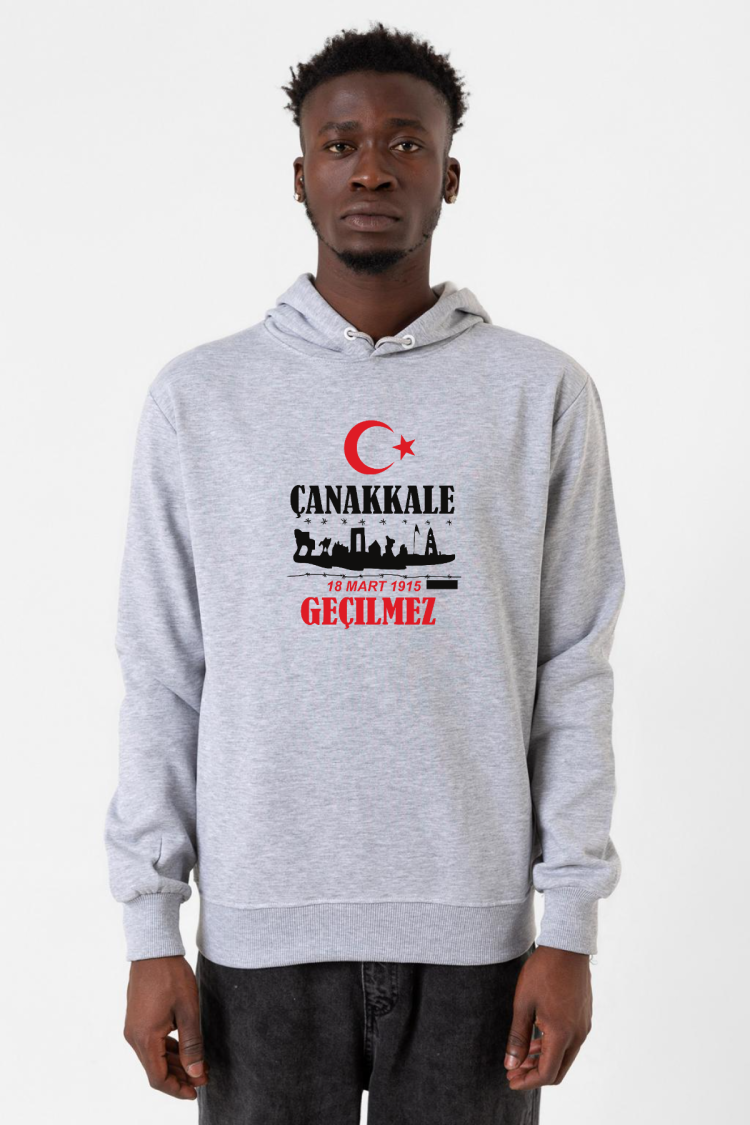 18 Mart Çanakkale Geçilmez Grimelanj Erkek Kapşonlu 3ip Sweatshirt