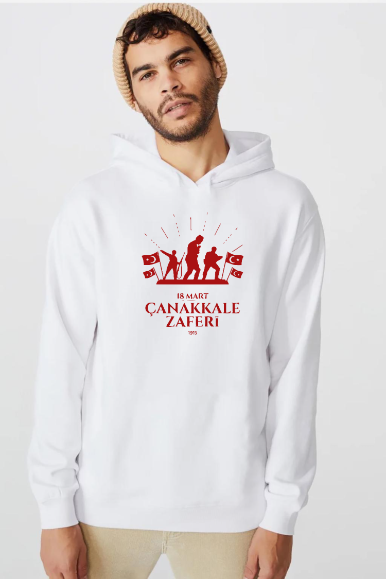 18 Mart Çanakkale Savaşı Red Beyaz Erkek 3ip Kapşonlu  Sweatshirt