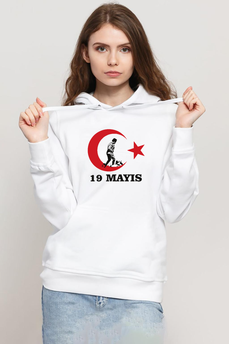 19 Mayıs Ata Beyaz Kadın 3ip Kapşonlu Sweatshirt