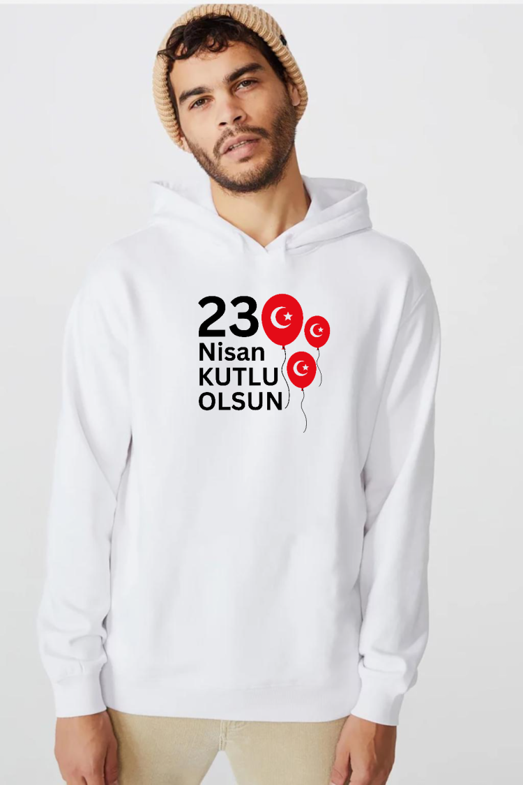 23 Nisan Balon Beyaz Erkek 3ip Kapşonlu  Sweatshirt