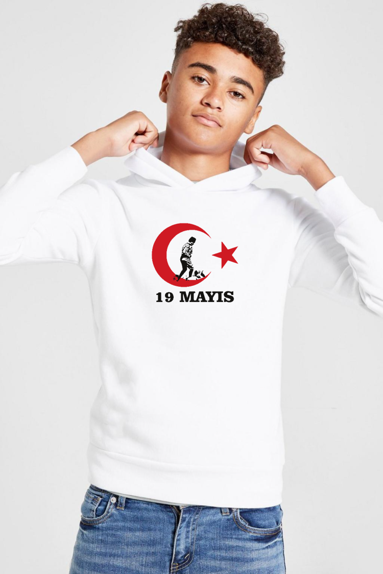 19 Mayıs Ata Beyaz Çocuk 3ip Kapşonlu  Sweatshirt