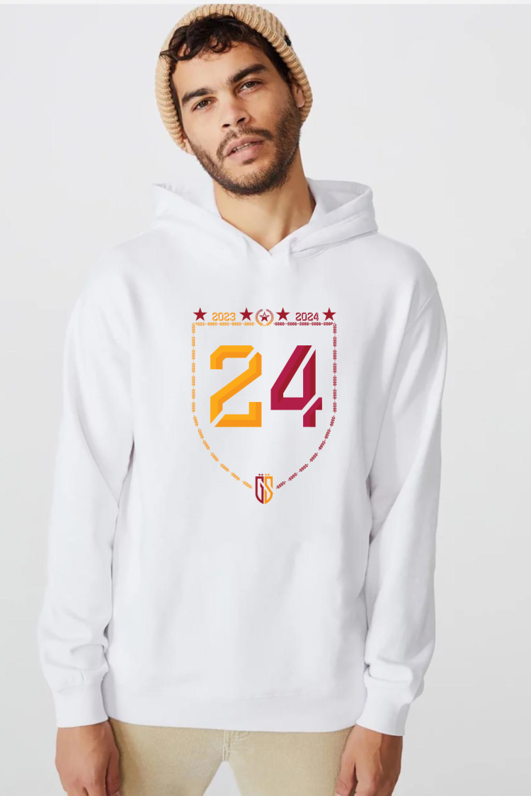 24 Şampiyonluk Beyaz Erkek 3ip Kapşonlu  Sweatshirt