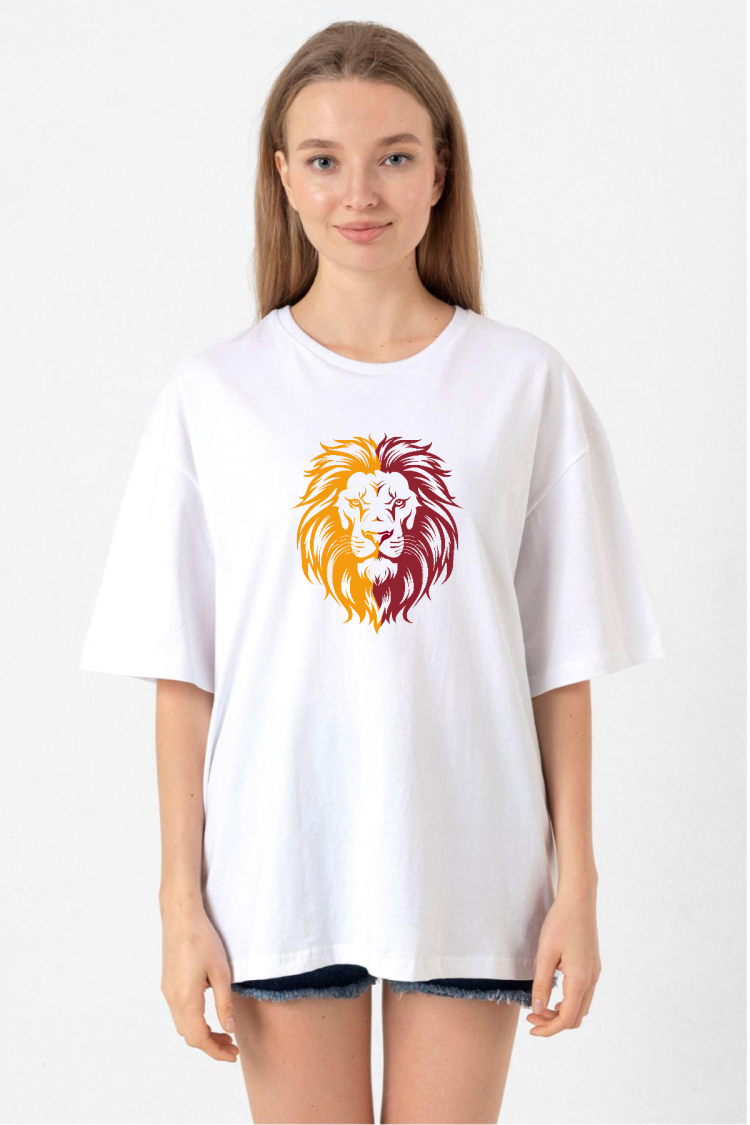 Sarı Kırmızı Leon Beyaz Kadın Oversize Tshirt