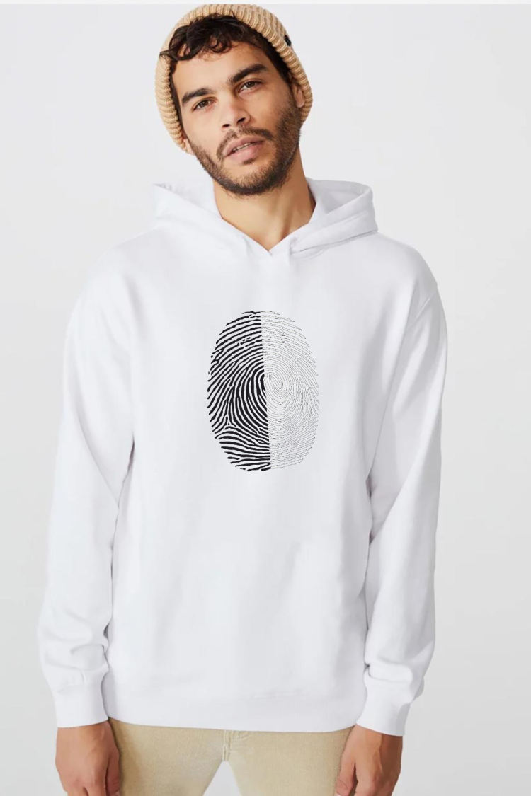 Siyah Beyaz Parmak İzi Beyaz Erkek 3ip Kapşonlu  Sweatshirt