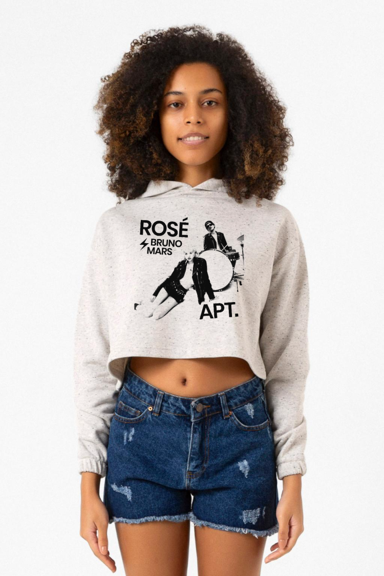 Beyaz BLACKPINK ROSE BRUNO MARS APT Kırçıllı Kadın Crop Kapşonlu