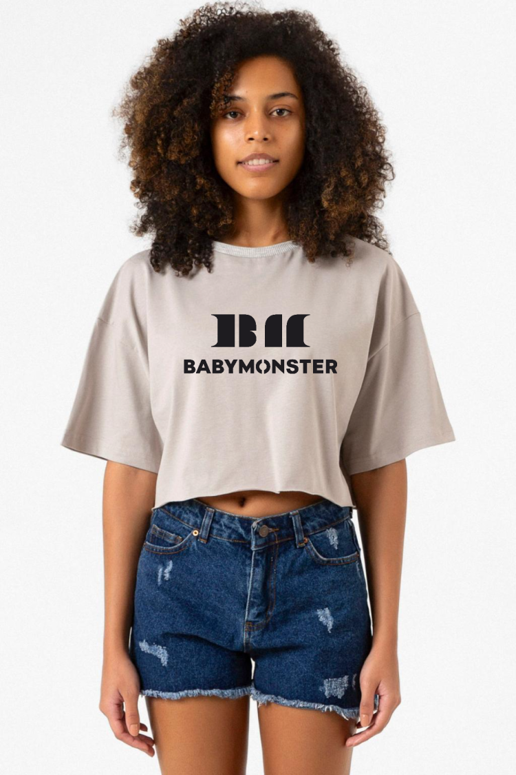 Babymonster Logo Taş Rengi Kadın Crop Kapşonlu