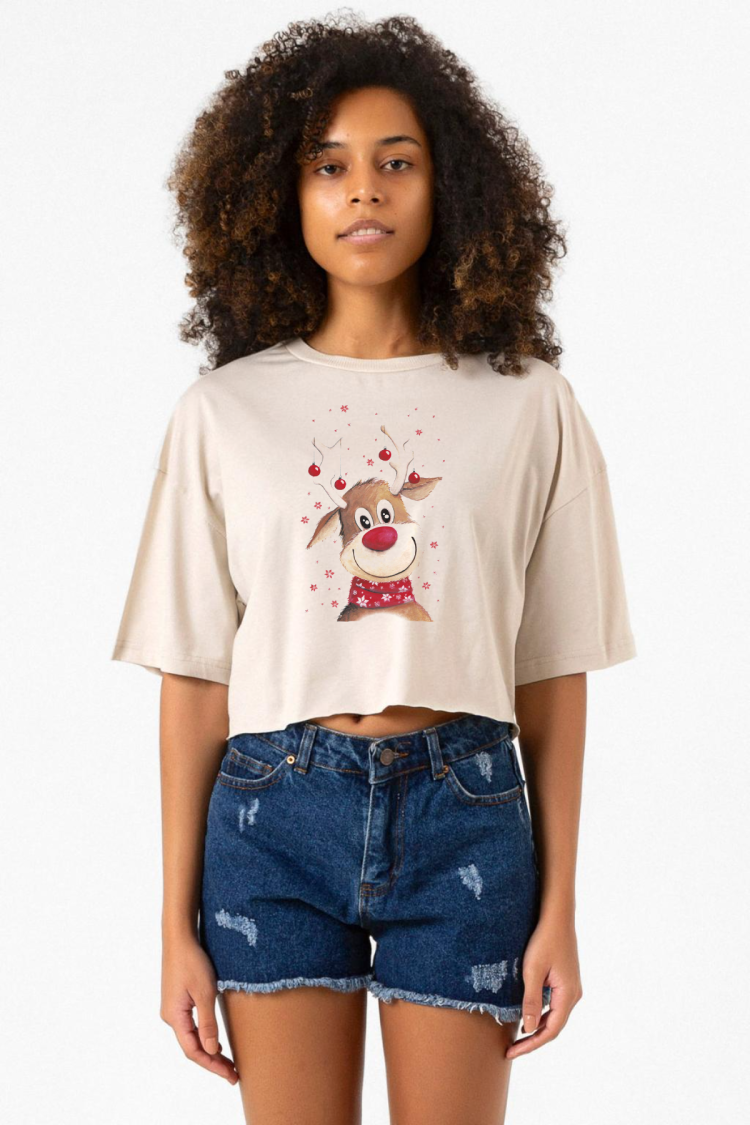 Watercolor Christmas Deer Bej Kadın Crop Tshirt