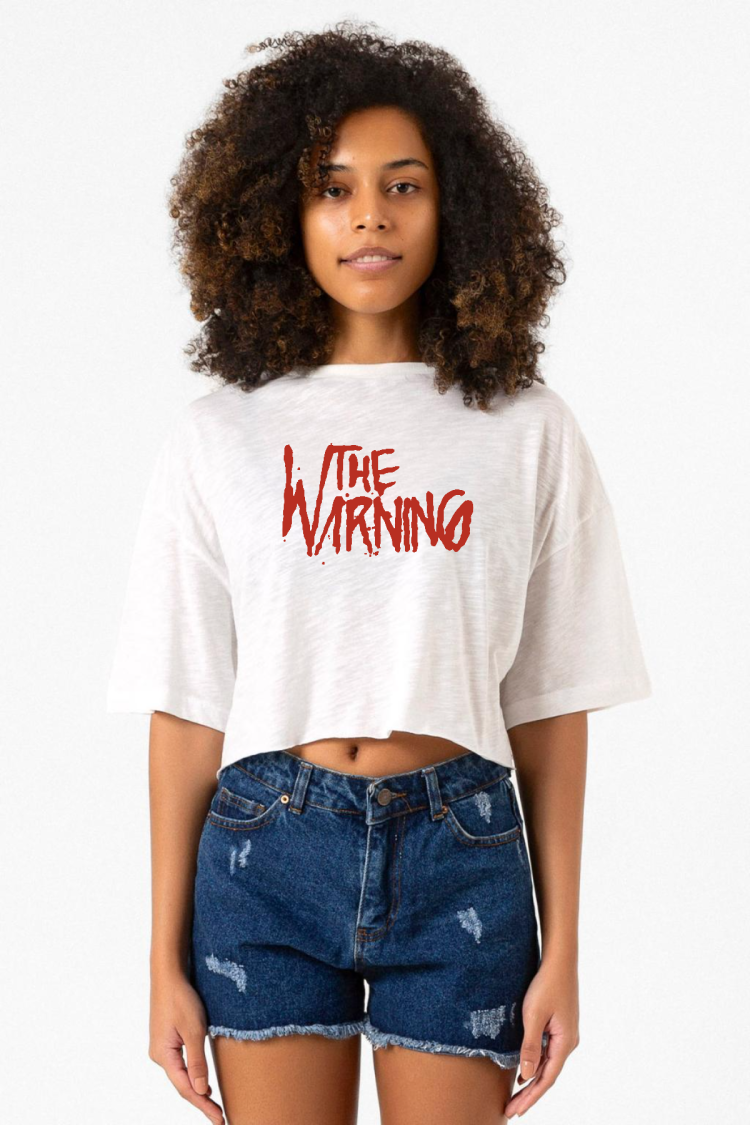 The Warning Logo Beyaz Kırçıllı Kadın Crop Tshirt