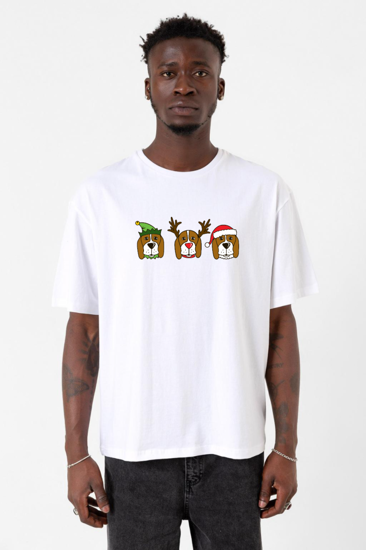 3 Wise Beagles Christmas Beyaz Erkek Oversize Tshirt