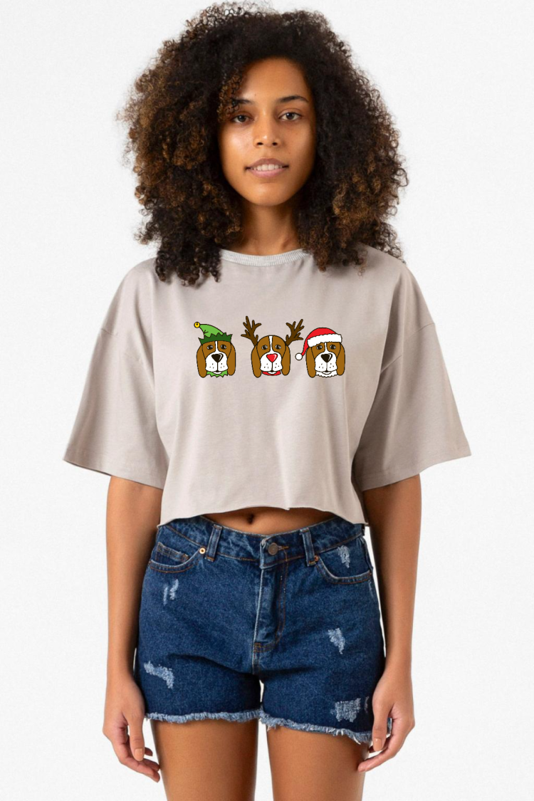 3 Wise Beagles Christmas Taş Rengi Kadın Crop Kapşonlu