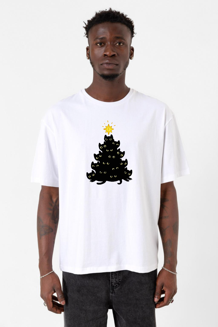 Meowy Christmas Beyaz Erkek Oversize Tshirt