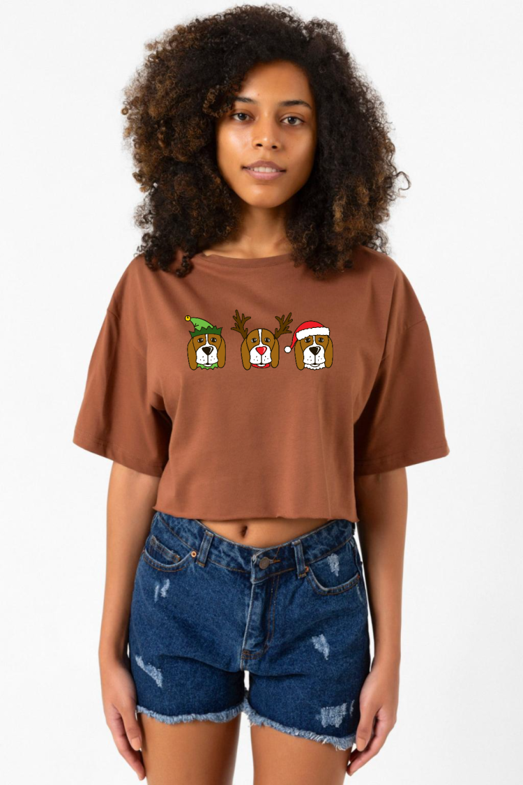 3 Wise Beagles Christmas Kahverengi Kadın Crop Tshirt