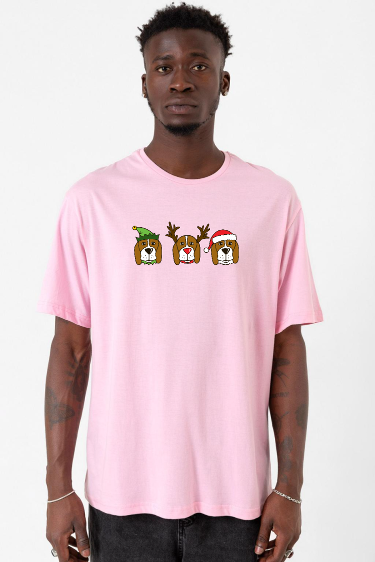 3 Wise Beagles Christmas Pembe Erkek Oversize Tshirt