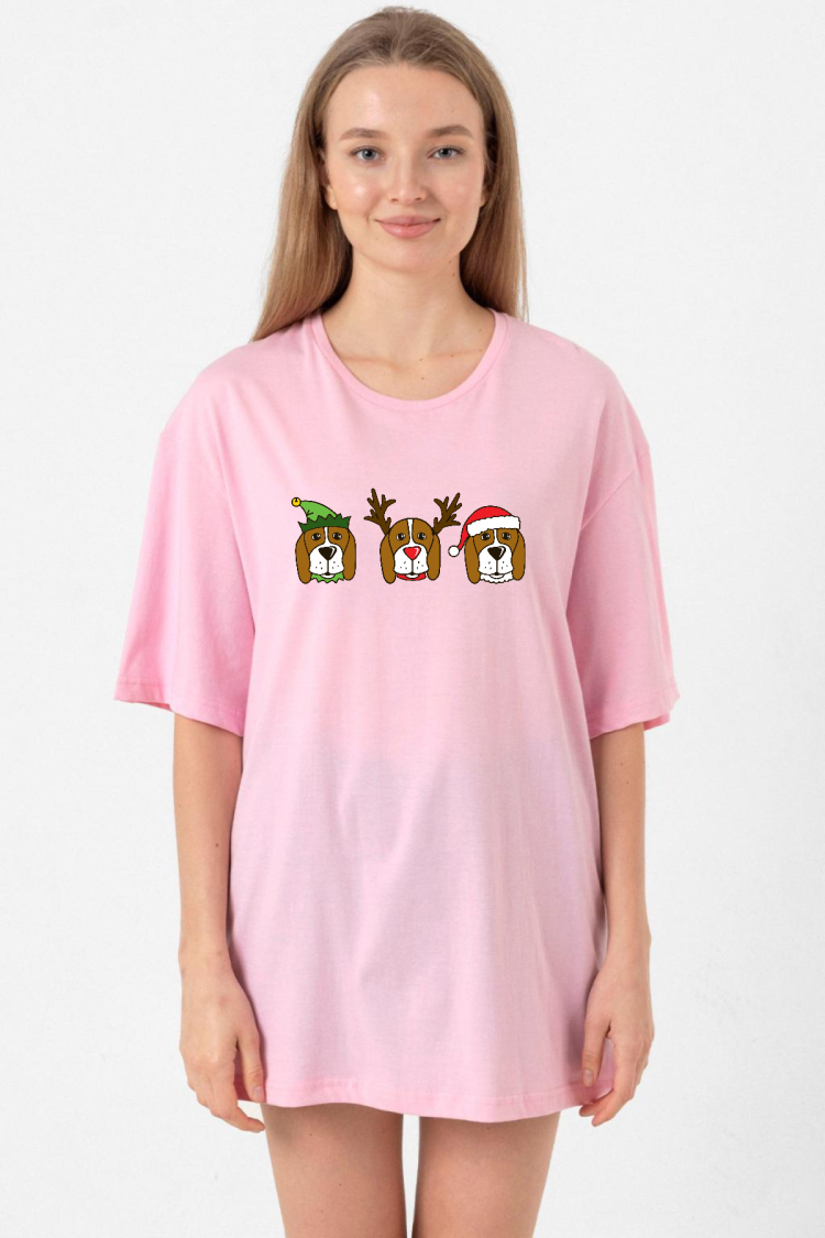 3 Wise Beagles Christmas Pembe Kadın Oversize Tshirt