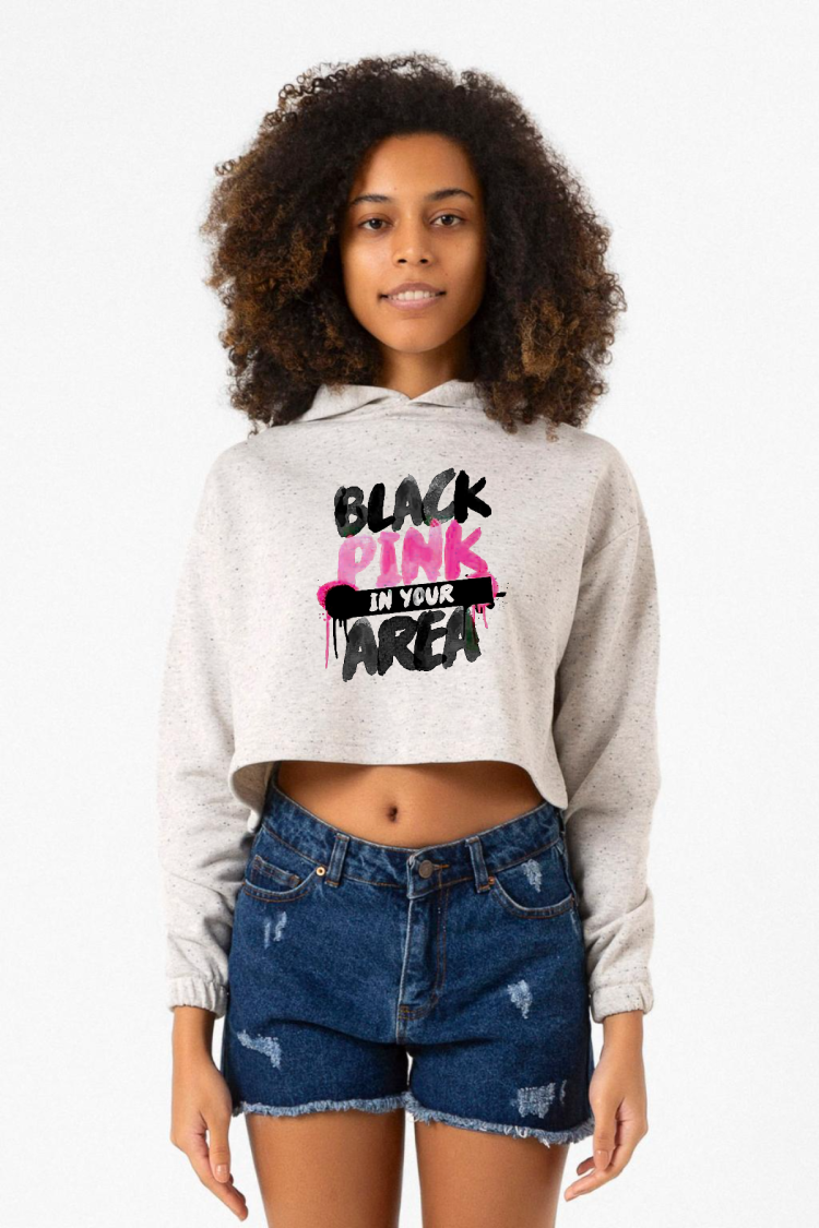 Black Pink In Your Area Beyaz Kırçıllı Kadın Crop Kapşonlu