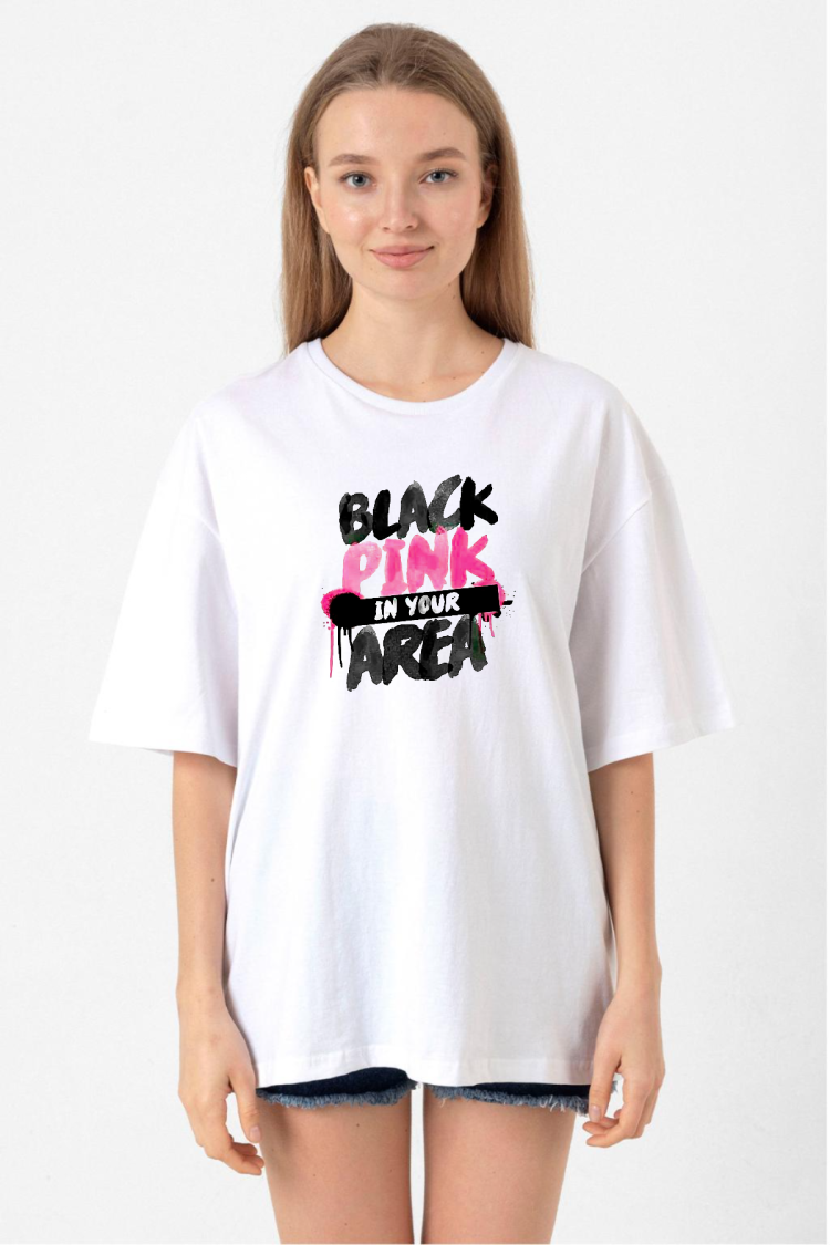 Black Pink In Your Area Beyaz Kadın Oversize Tshirt