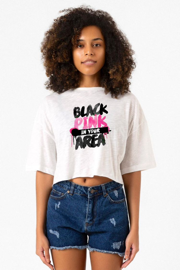 Black Pink In Your Area Beyaz Kırçıllı Kadın Crop Tshirt