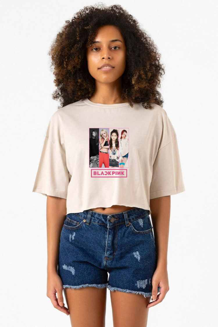 Black Pink Band Bej Kadın Crop Tshirt