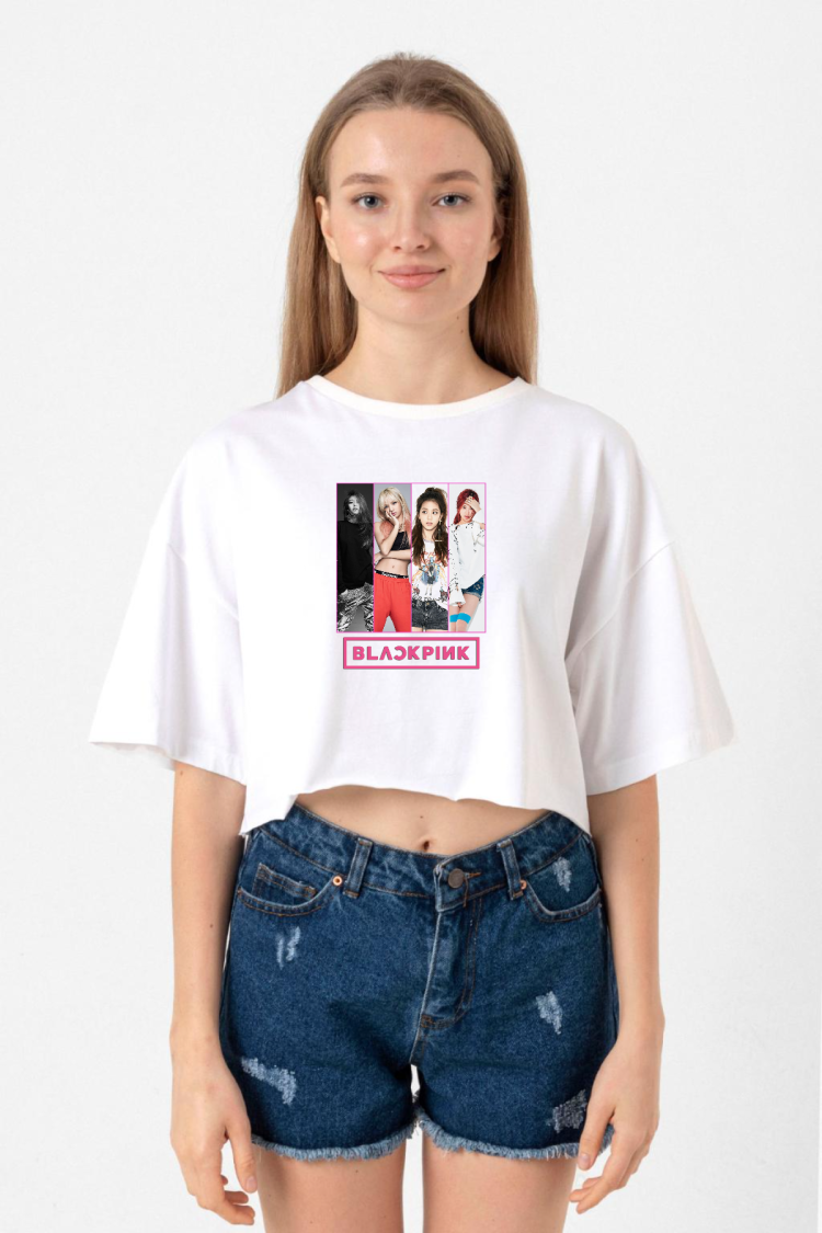 Black Pink Band Beyaz Kadın Crop Tshirt