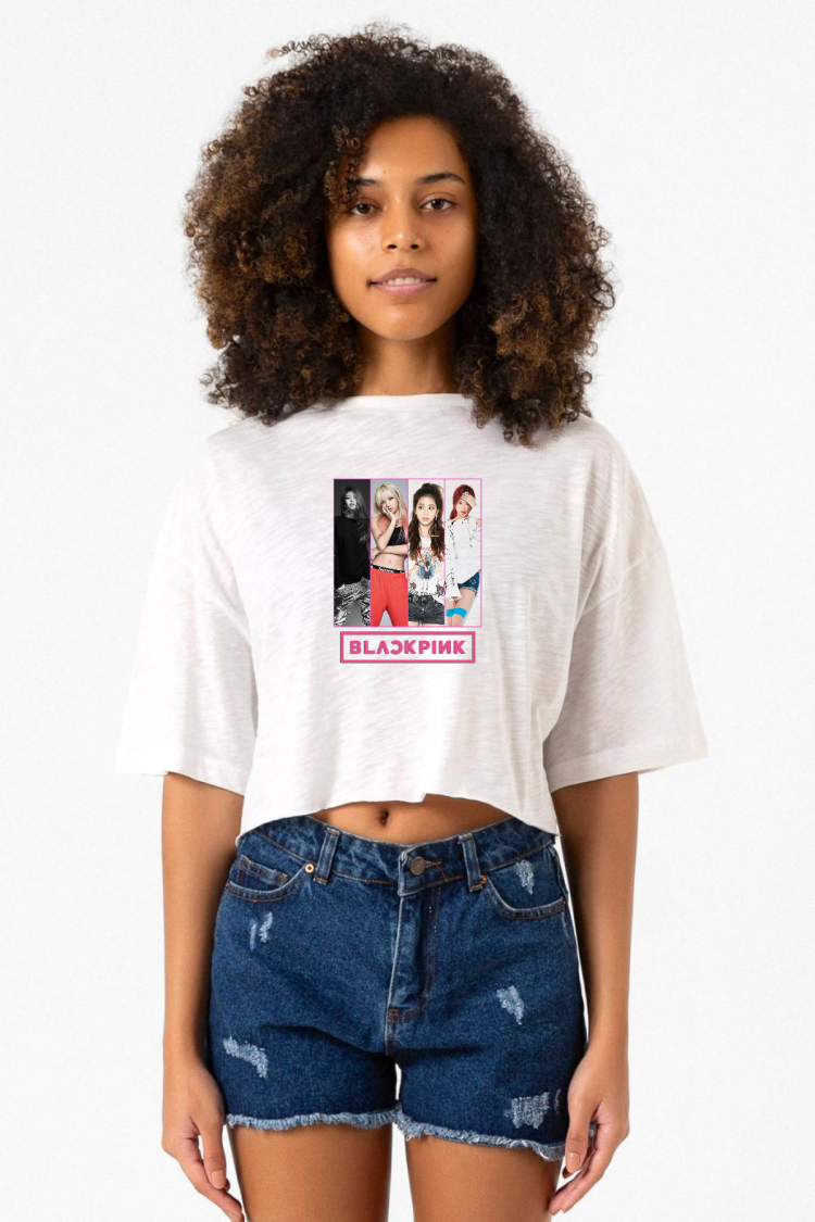 Black Pink Band Beyaz Kırçıllı Kadın Crop Tshirt