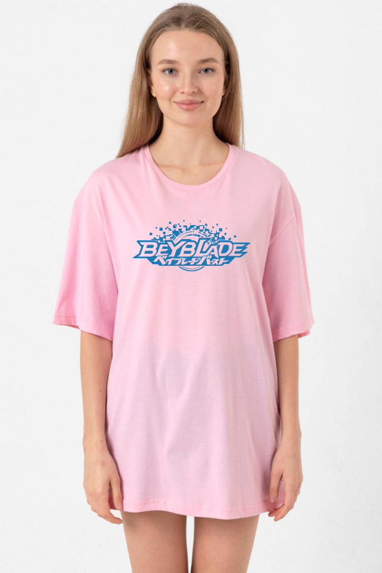 Beyblade Logo Pembe Kadın Oversize Tshirt