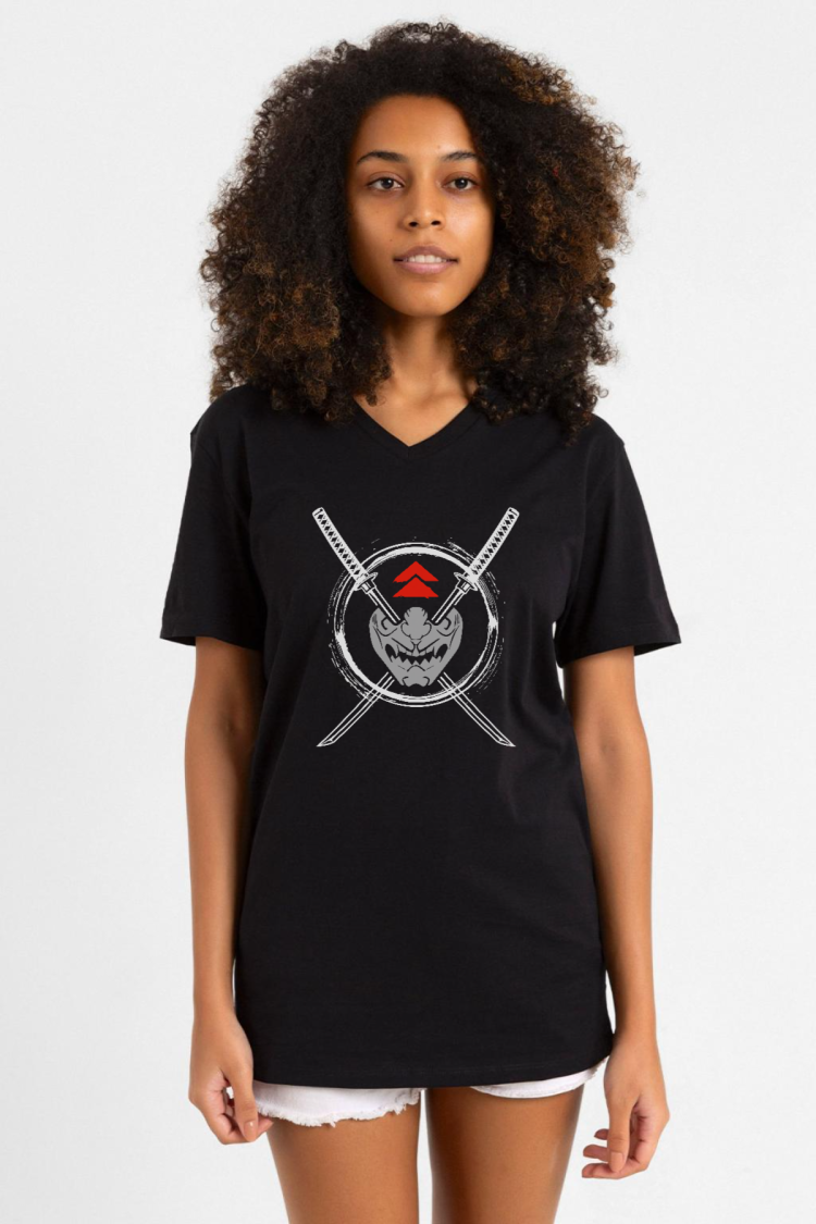 Ghost Of Tsushima Samurai Mask Siyah Kadın V yaka Tshirt