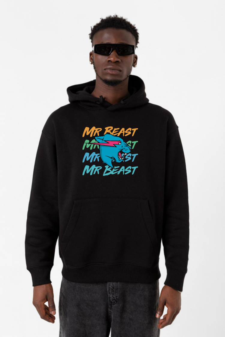 Mr Beast Lettern Siyah Erkek 3ip Kapşonlu Sweatshirt