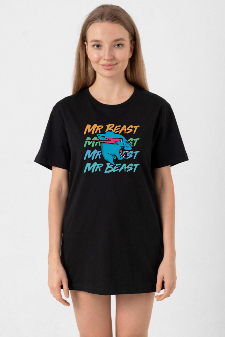 Mr Beast Lettern Siyah Kadın Oversize Tshirt