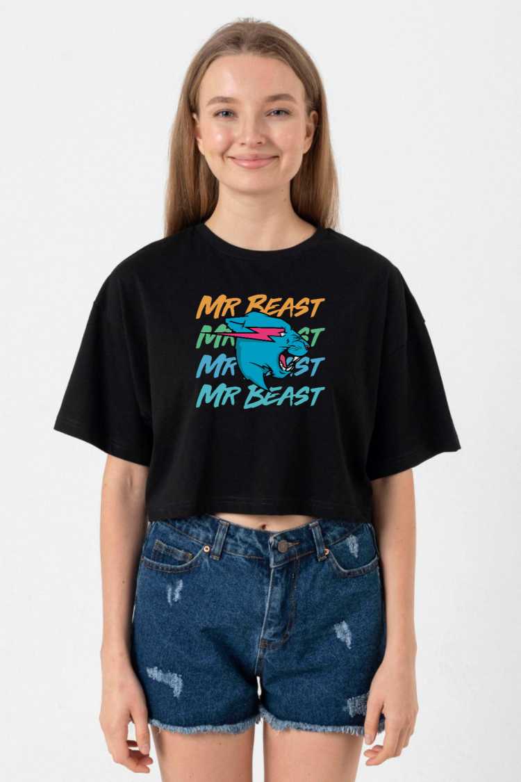 Mr Beast Lettern Siyah Kadın Crop Tshirt