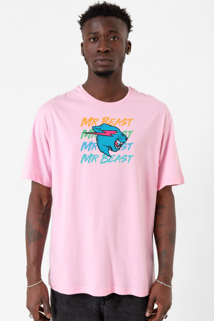 Mr Beast Lettern Pembe Erkek Oversize Tshirt