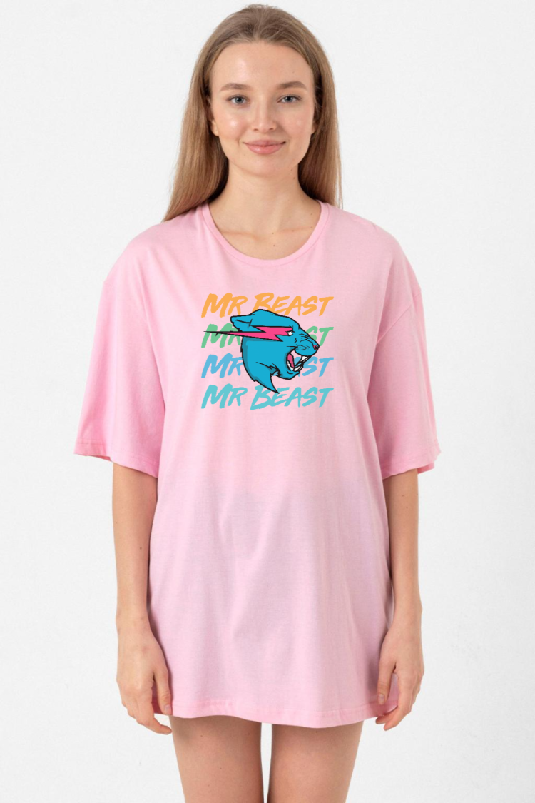 Mr Beast Lettern Pembe Kadın Oversize Tshirt