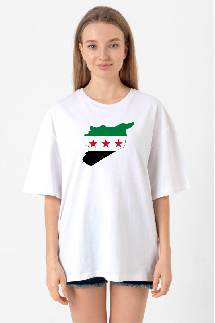 Suriye Yeni Bayrak Beyaz Kadın Oversize Tshirt