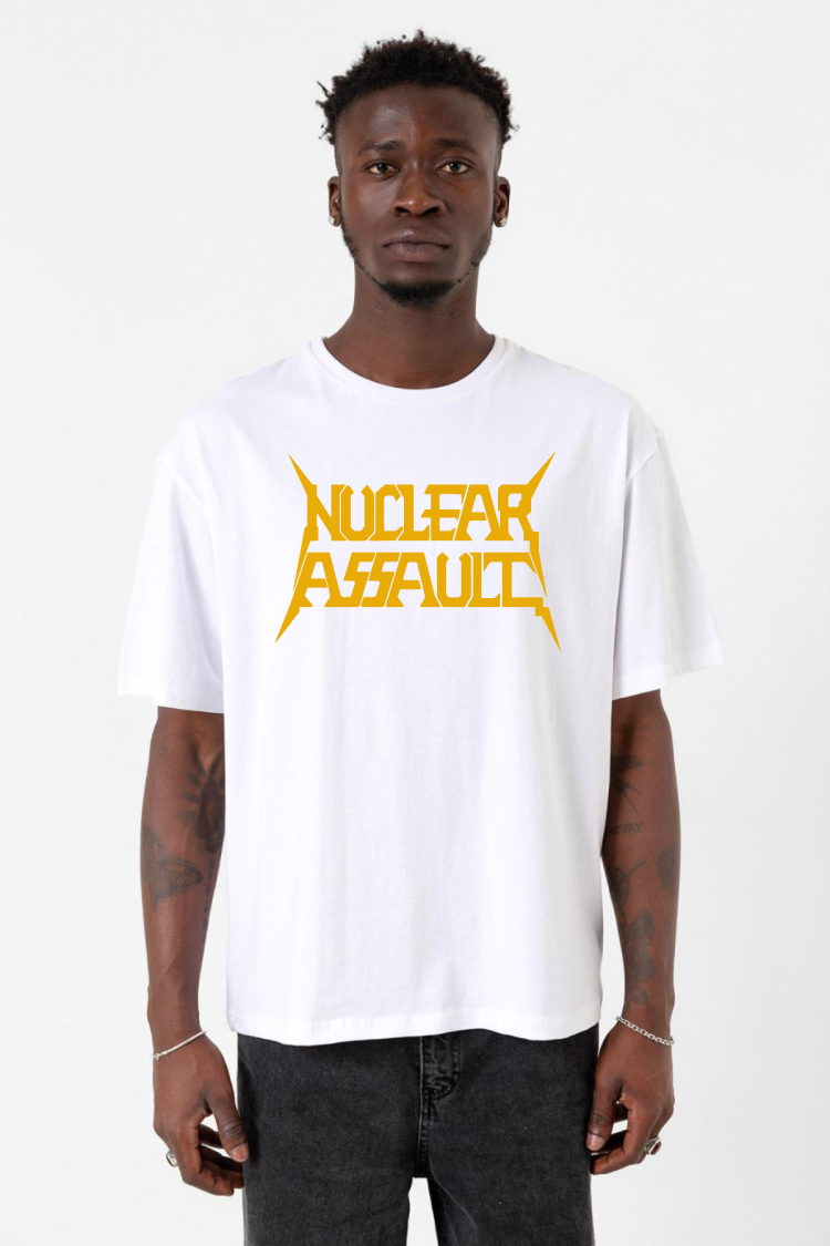 Nuclear Assault Lettern Beyaz Erkek Oversize Tshirt