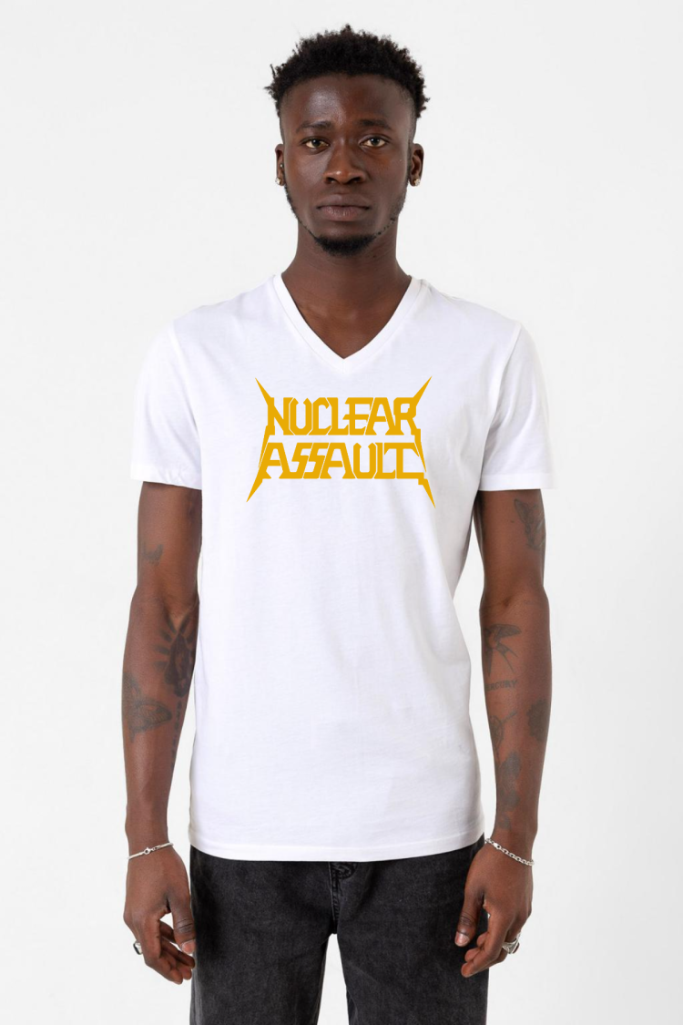 Nuclear Assault Lettern Beyaz Erkek V yaka Tshirt