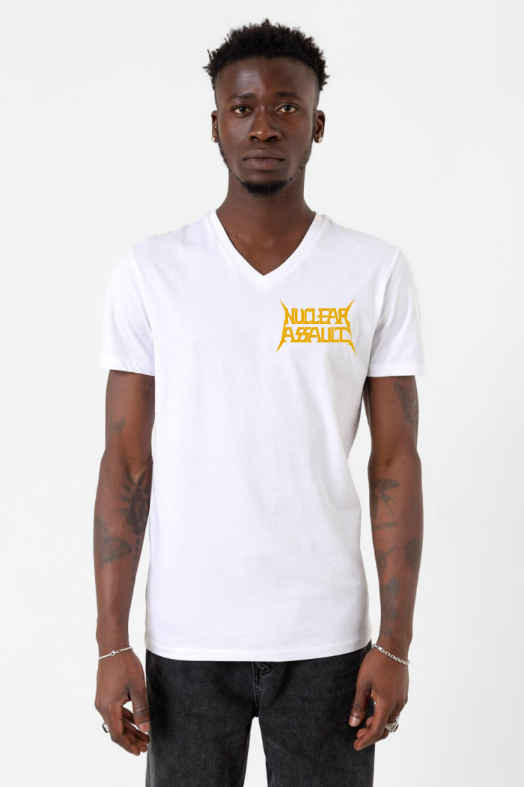 Nuclear Assault Lettern Logo Beyaz Erkek V yaka Tshirt