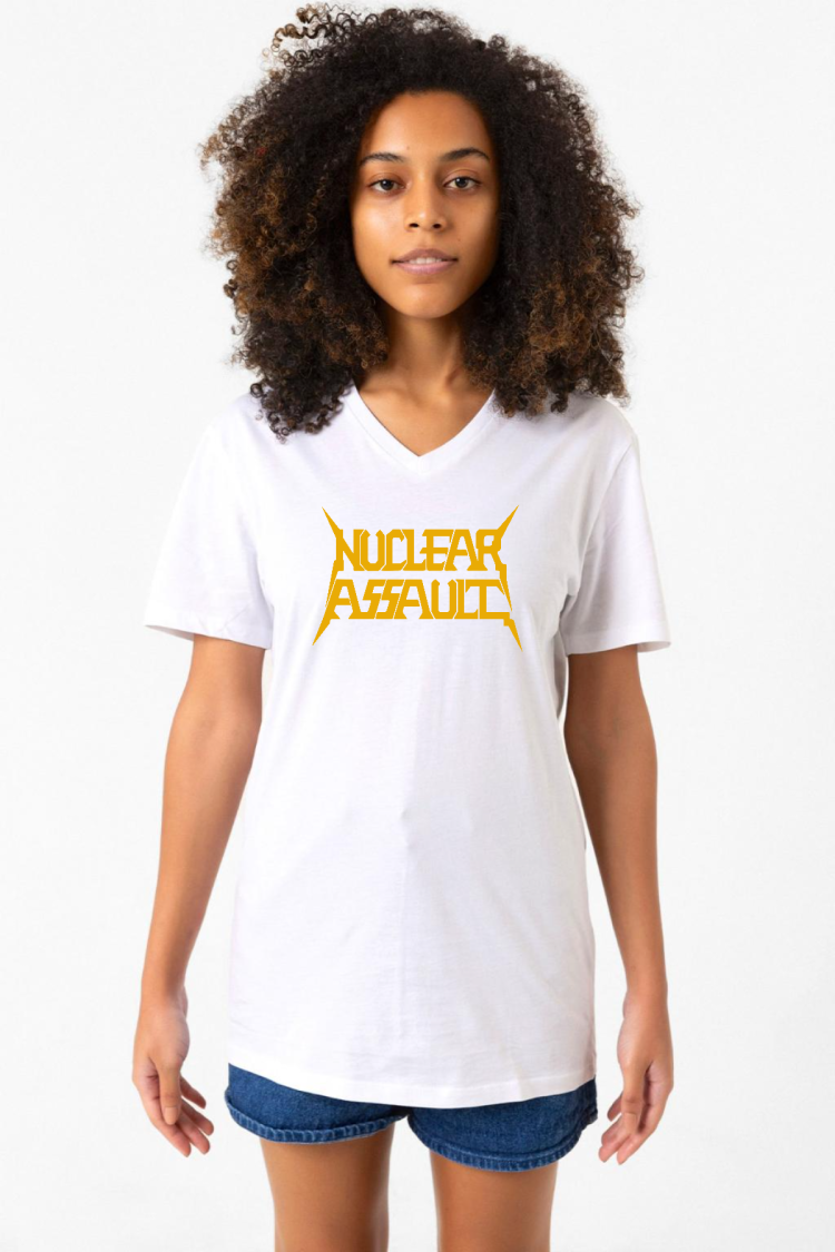 Nuclear Assault Lettern Beyaz Kadın V yaka Tshirt