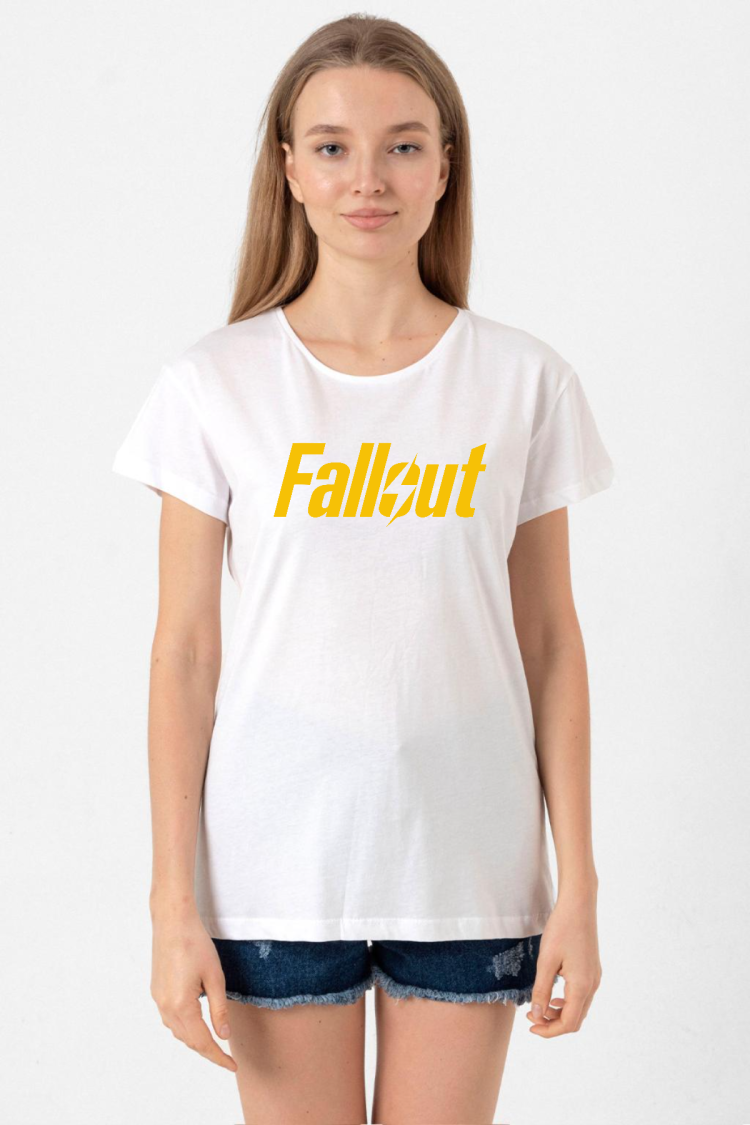 Fallout Lettern Beyaz Kadın Bisikletyaka Tshirt