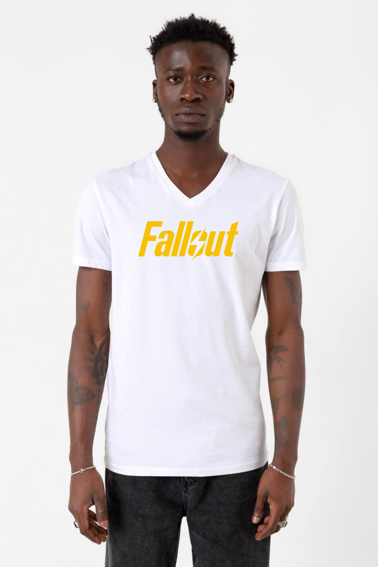 Fallout Lettern Beyaz Erkek V yaka Tshirt