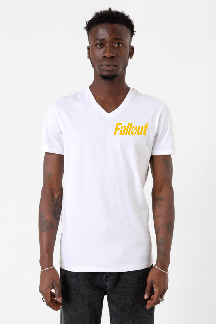 Fallout Lettern Beyaz Erkek V yaka Tshirt