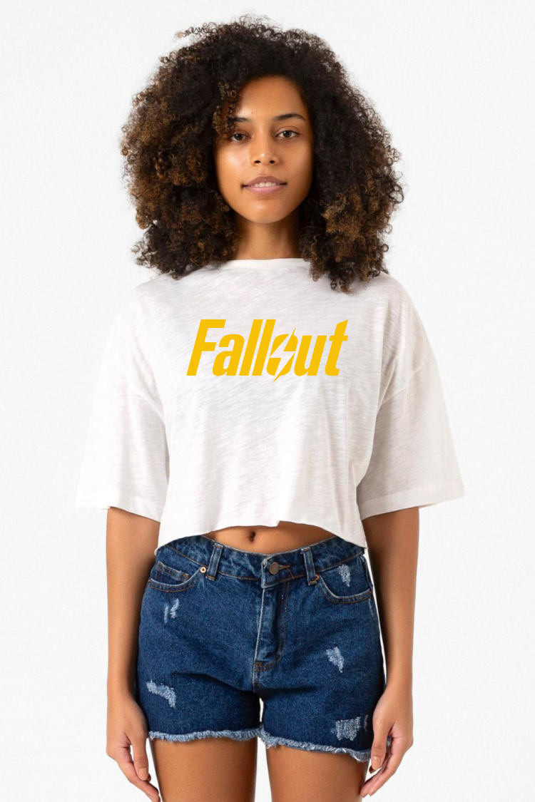 Fallout Lettern Beyaz Kırçıllı Kadın Crop Tshirt