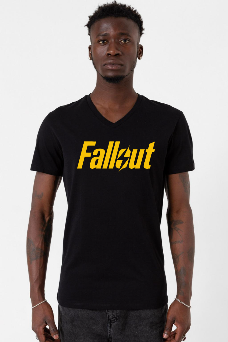 Fallout Lettern Siyah Erkek V yaka Tshirt