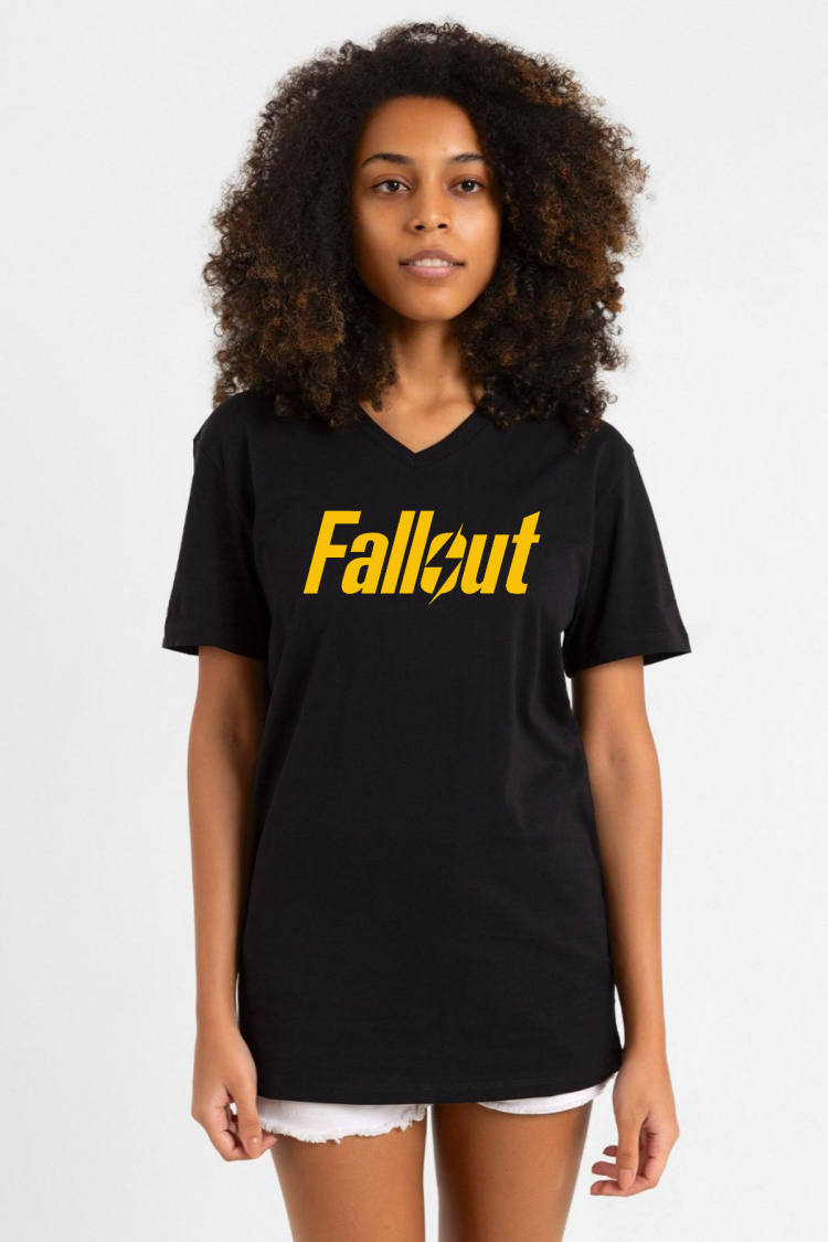 Fallout Lettern Siyah Kadın V yaka Tshirt